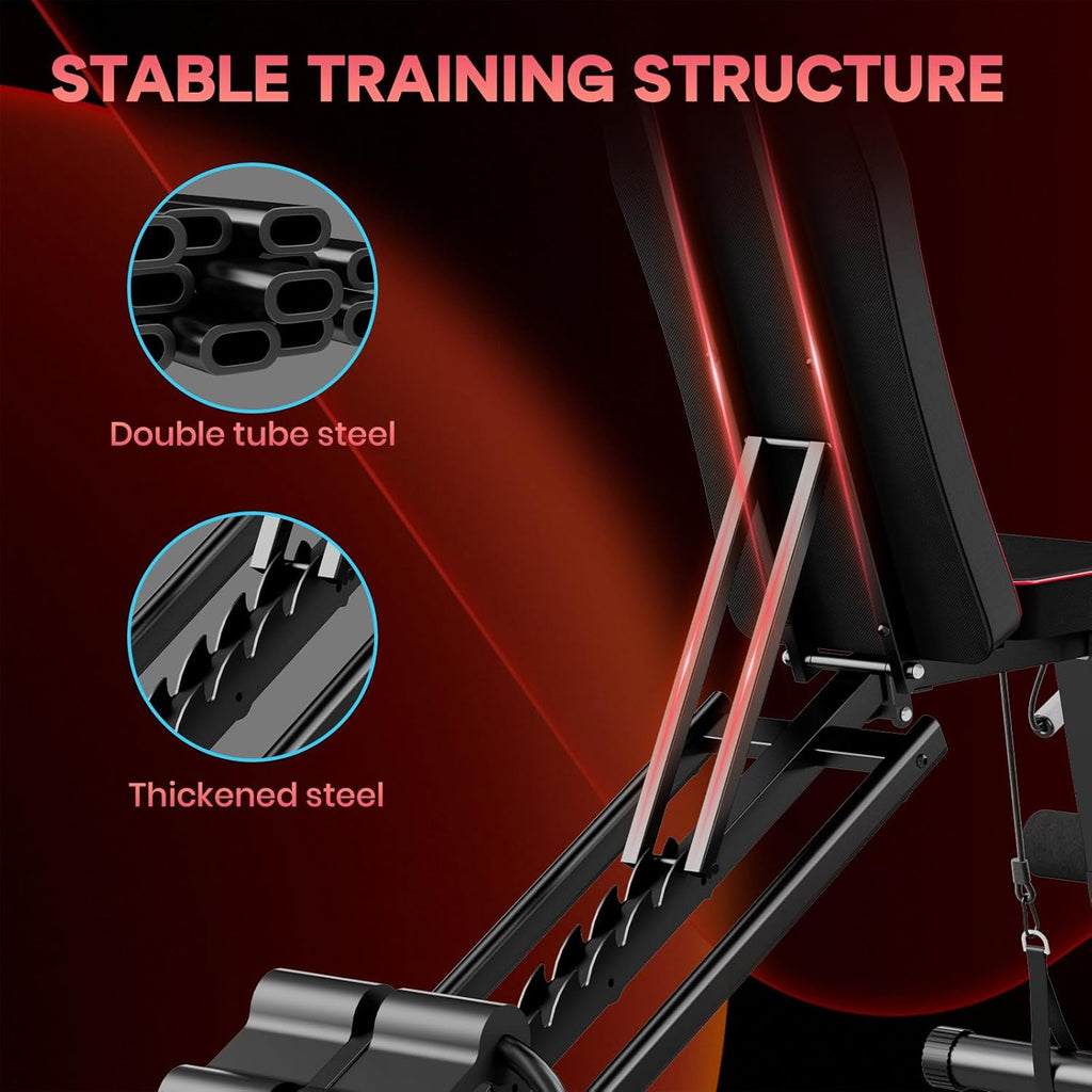 Banco de gimnasio con estructura de entrenamiento estable resaltada, que presenta acero de doble tubo y componentes de acero engrosado.