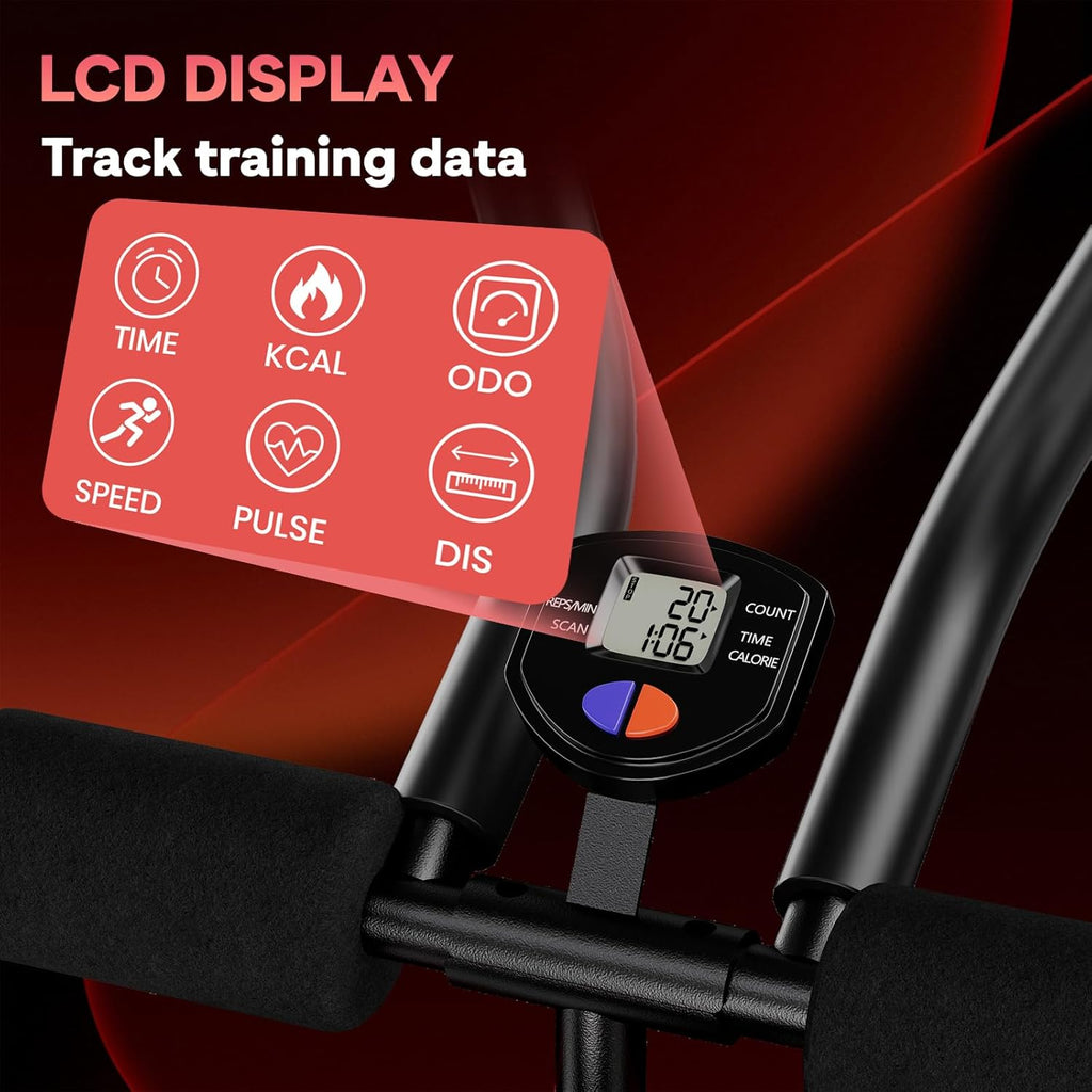 Consola de bicicleta estática con pantalla LCD que muestra diversos datos de entrenamiento sobre un fondo oscuro