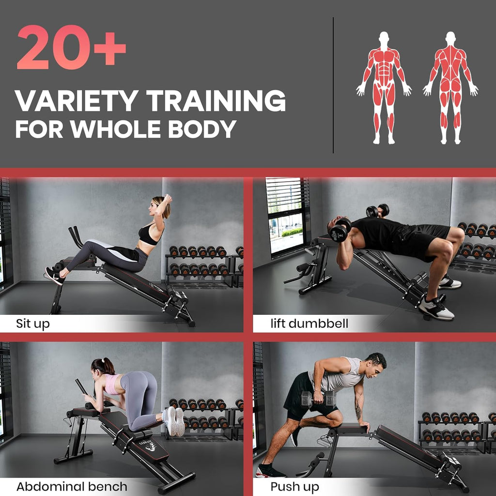 Configuración de gimnasio con personas haciendo ejercicio y texto sobre entrenamiento variado para todo el cuerpo.