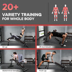 Configuración de gimnasio con personas haciendo ejercicio y texto sobre entrenamiento variado para todo el cuerpo.