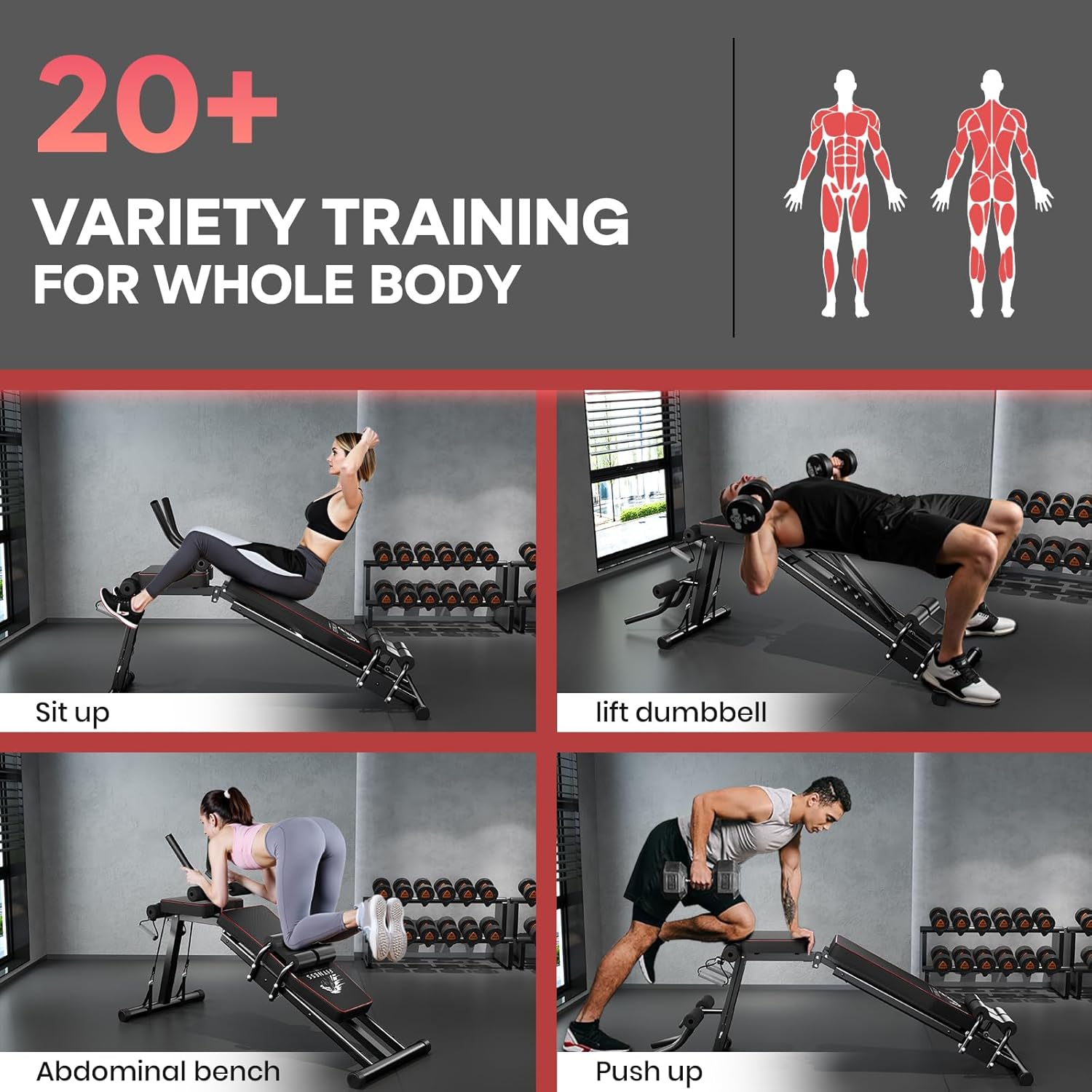 Configuración de gimnasio con personas haciendo ejercicio y texto sobre entrenamiento variado para todo el cuerpo.