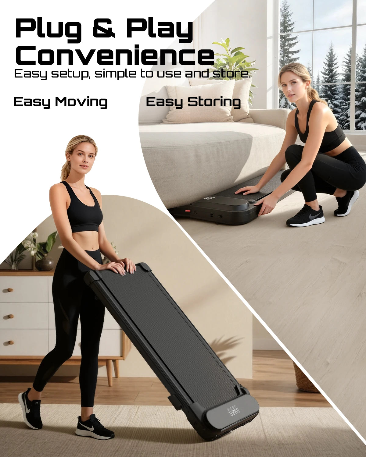 fitvect c1 treamill, flat wallking pad, easy storage under sofa