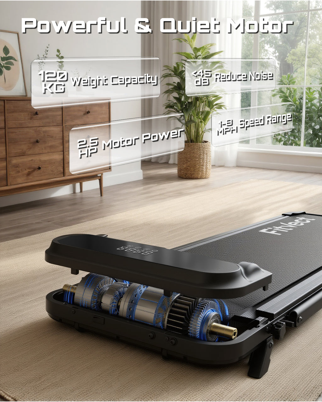 Cinta de correr con detalles de motor en un entorno doméstico