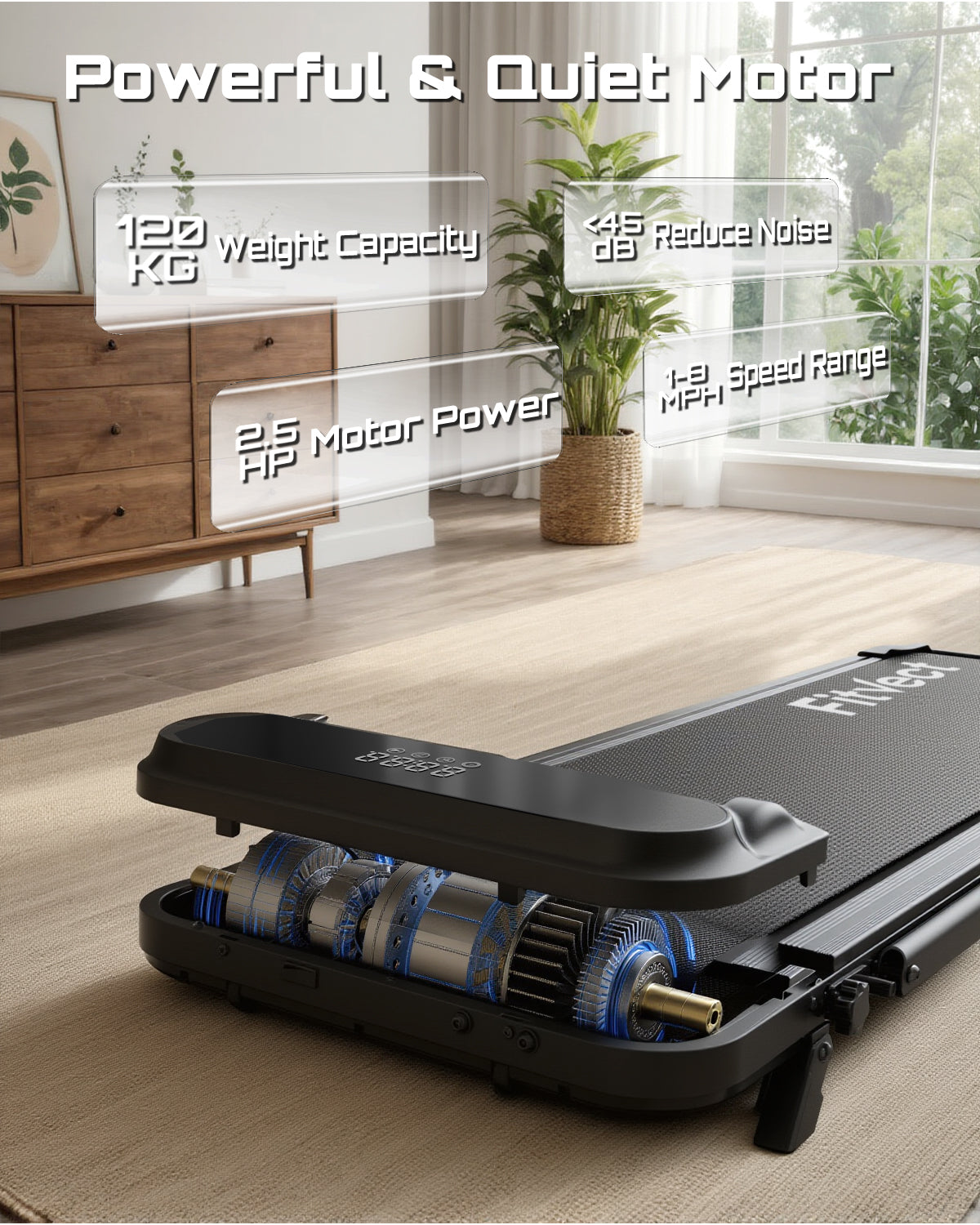 Cinta de correr con detalles de motor en un entorno doméstico