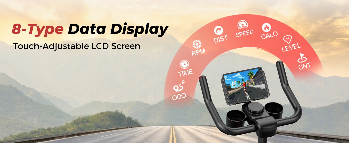 Bicicleta de fitness con pantalla digital y fondo de carretera de montaña.