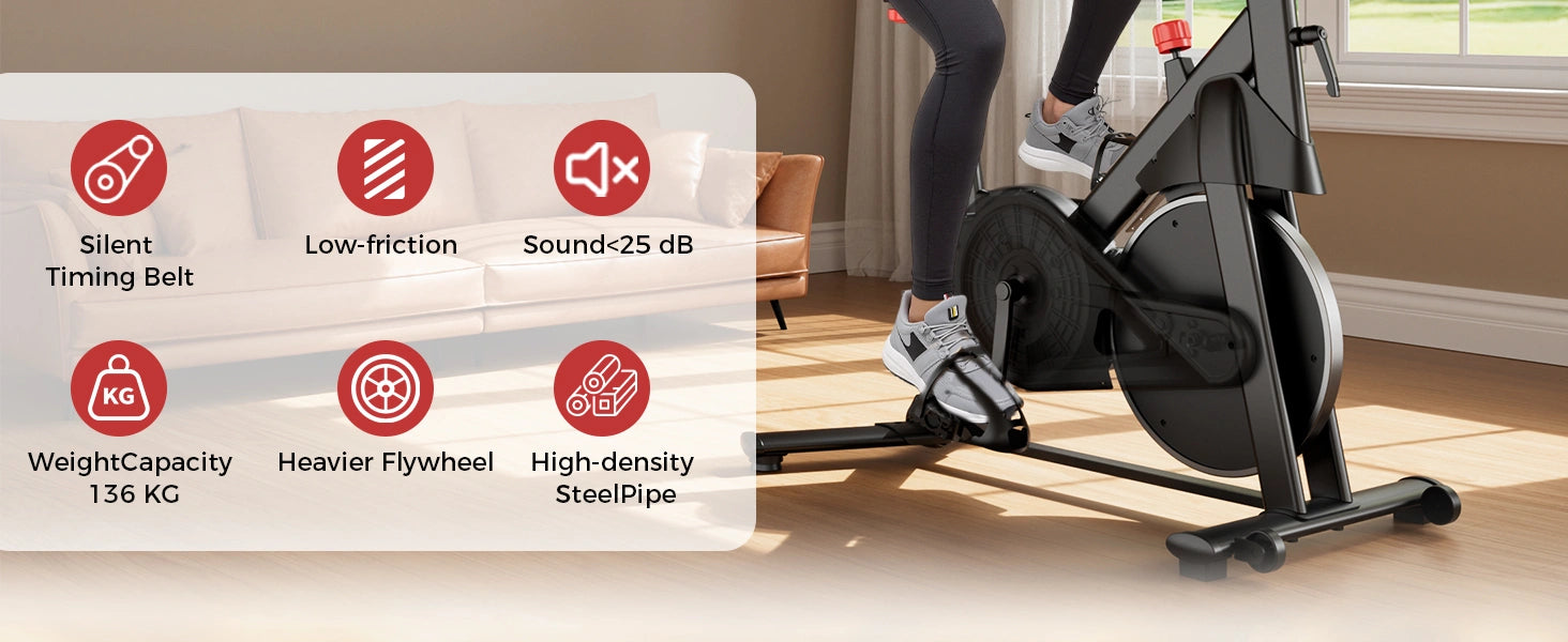 Bicicleta estática con características resaltadas en una superposición blanca