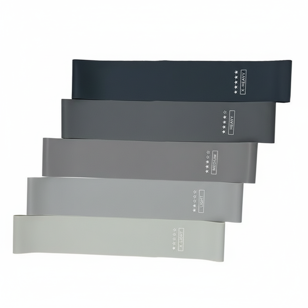 Juego de 5 bandas de resistencia negras, grises y blancas sobre fondo blanco.