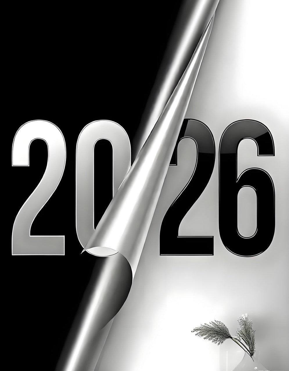 Diseño metálico '2026' sobre fondo blanco y negro