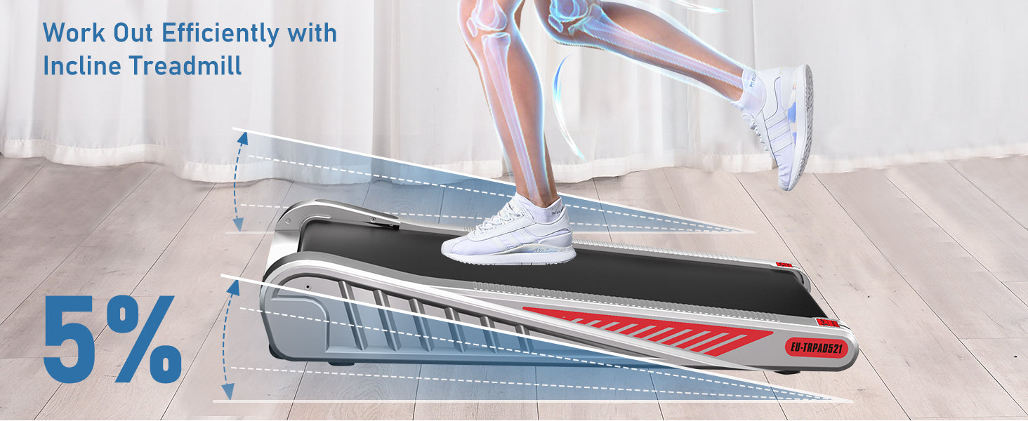 Cinta de correr inclinada con una persona usándola, mostrando los huesos de las piernas en una superposición transparente.