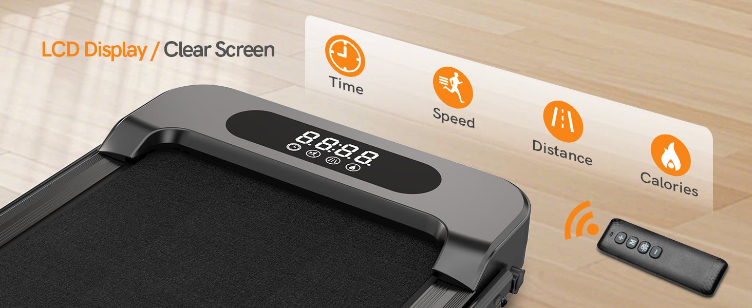 Cinta de correr con pantalla digital y control remoto sobre superficie de madera