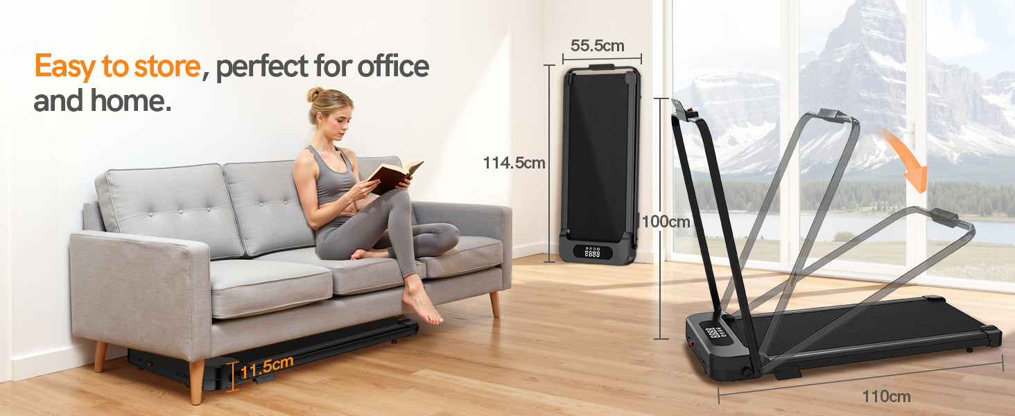 Mujer leyendo en un sofá con una cinta de correr al lado, mostrando las dimensiones.