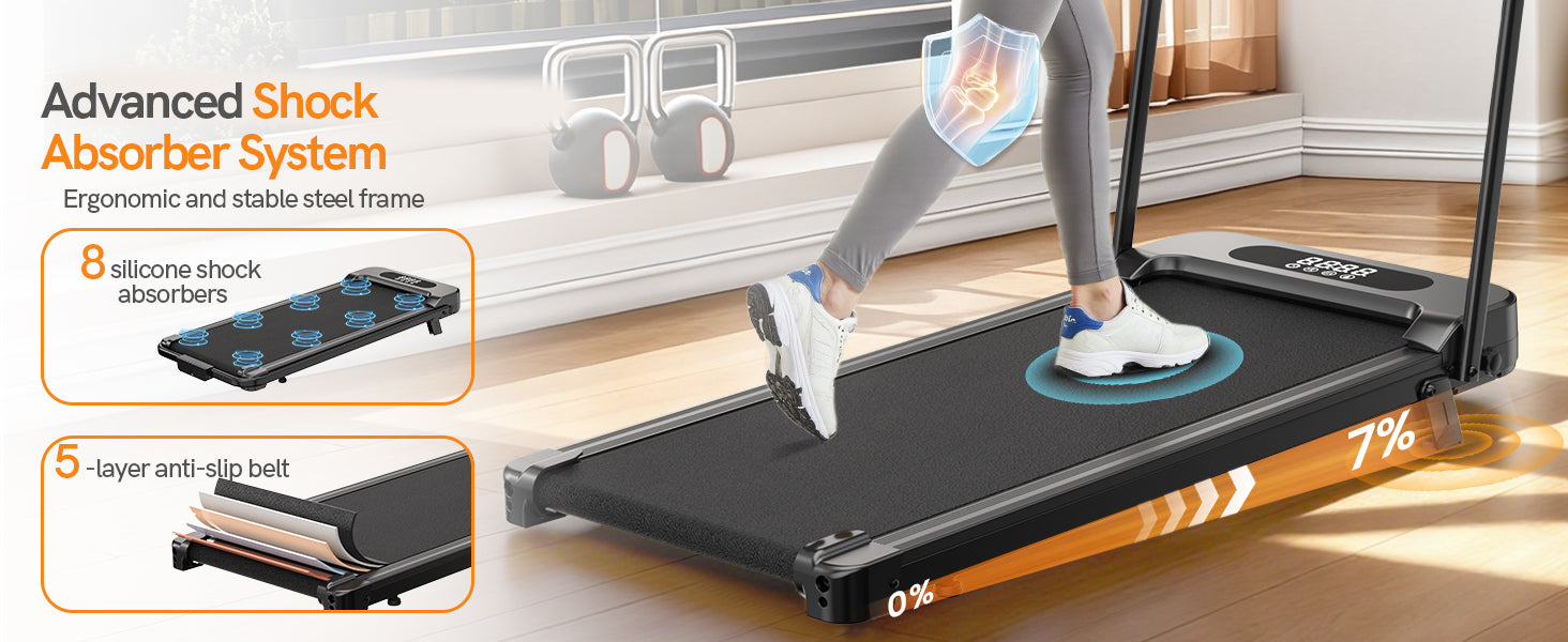 Persona que utiliza una cinta de correr portátil con funciones resaltadas en la pantalla.