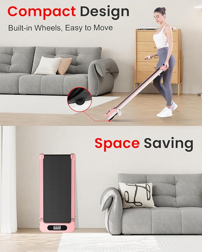 Mujer utilizando un dispositivo ahorrador de espacio en una sala de estar con texto que resalta su diseño compacto y facilidad de movimiento.