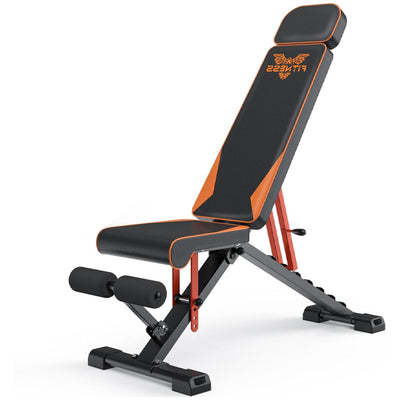 Black and orange adjustable weight bench on a white background