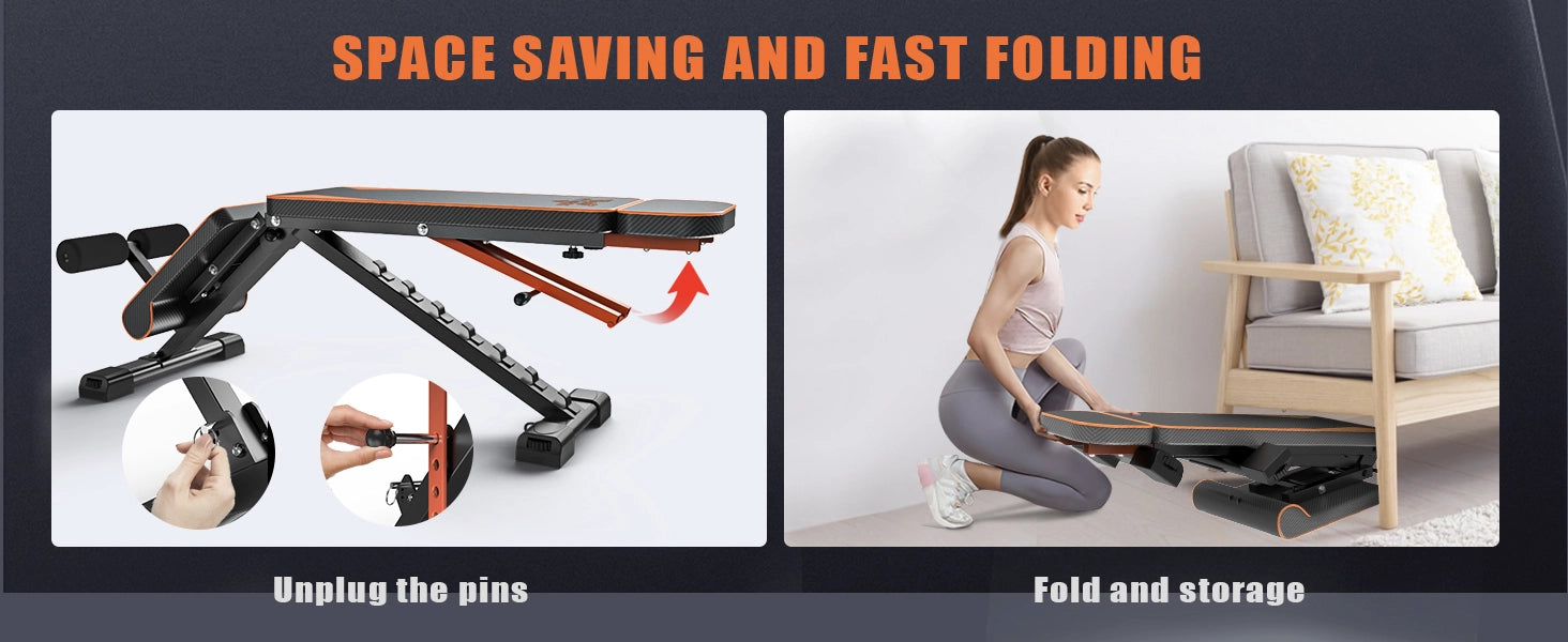 Producto que ahorra espacio y se pliega rápidamente con imágenes de uso y montaje.