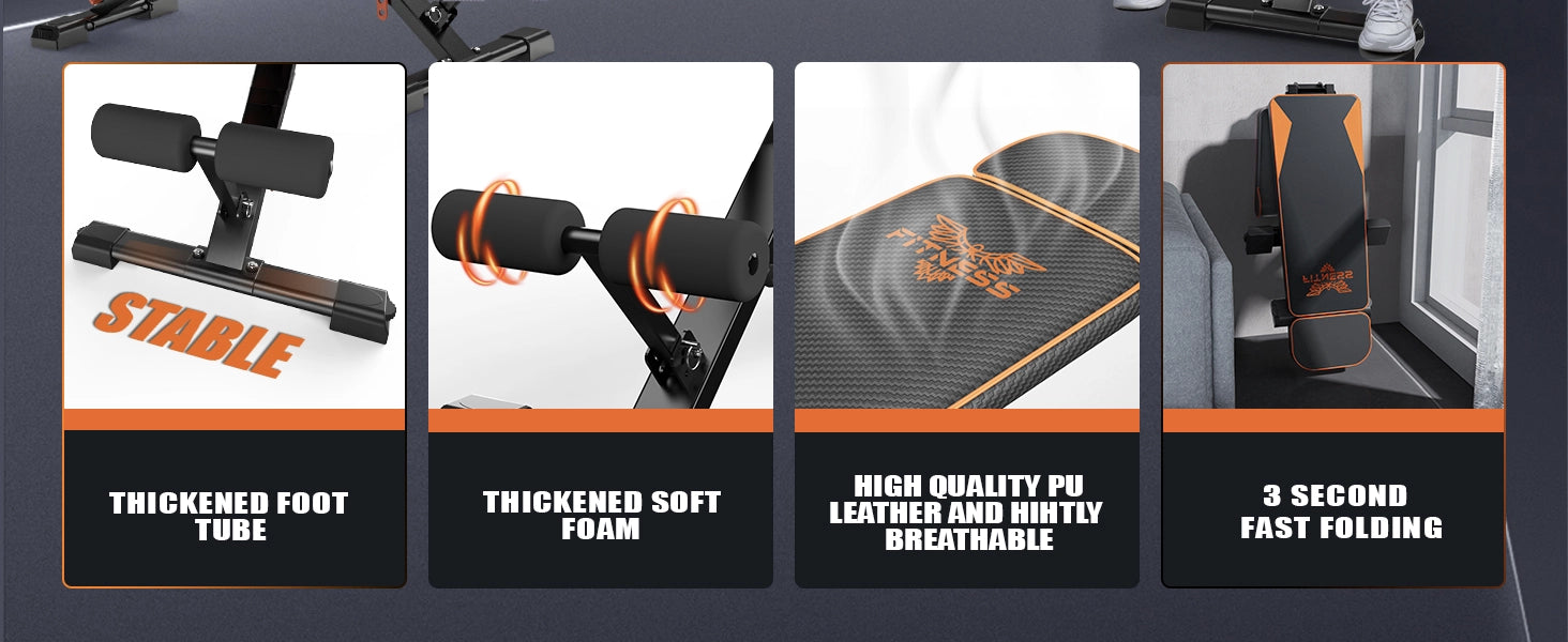 Características del producto de un banco de fitness con texto que resalta elementos de diseño.