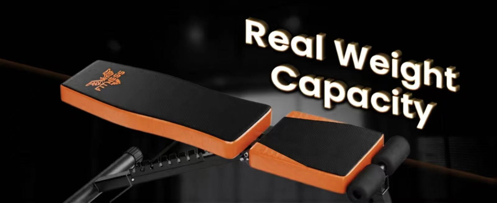 Equipo de fitness con el texto "Capacidad de peso real" sobre un fondo oscuro