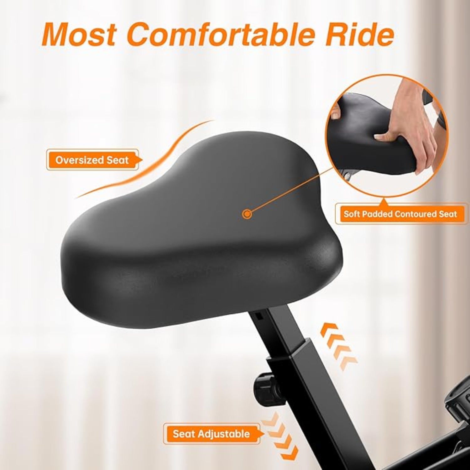 Asiento de bicicleta con diseño acolchado suave y de gran tamaño, etiquetado como 'Viaje más cómodo'.