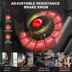 Perilla de freno de resistencia ajustable con instrucciones de uso y escenarios de fitness.