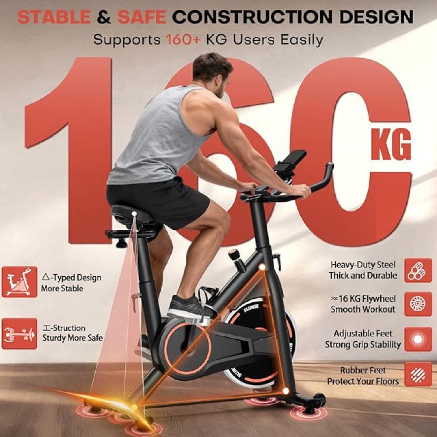 Persona utilizando una bicicleta estática con texto resaltando sus características y capacidad de peso.