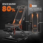 Banco de gimnasio ajustable que ahorra espacio con dimensiones y detalles de función de plegado sobre un fondo oscuro