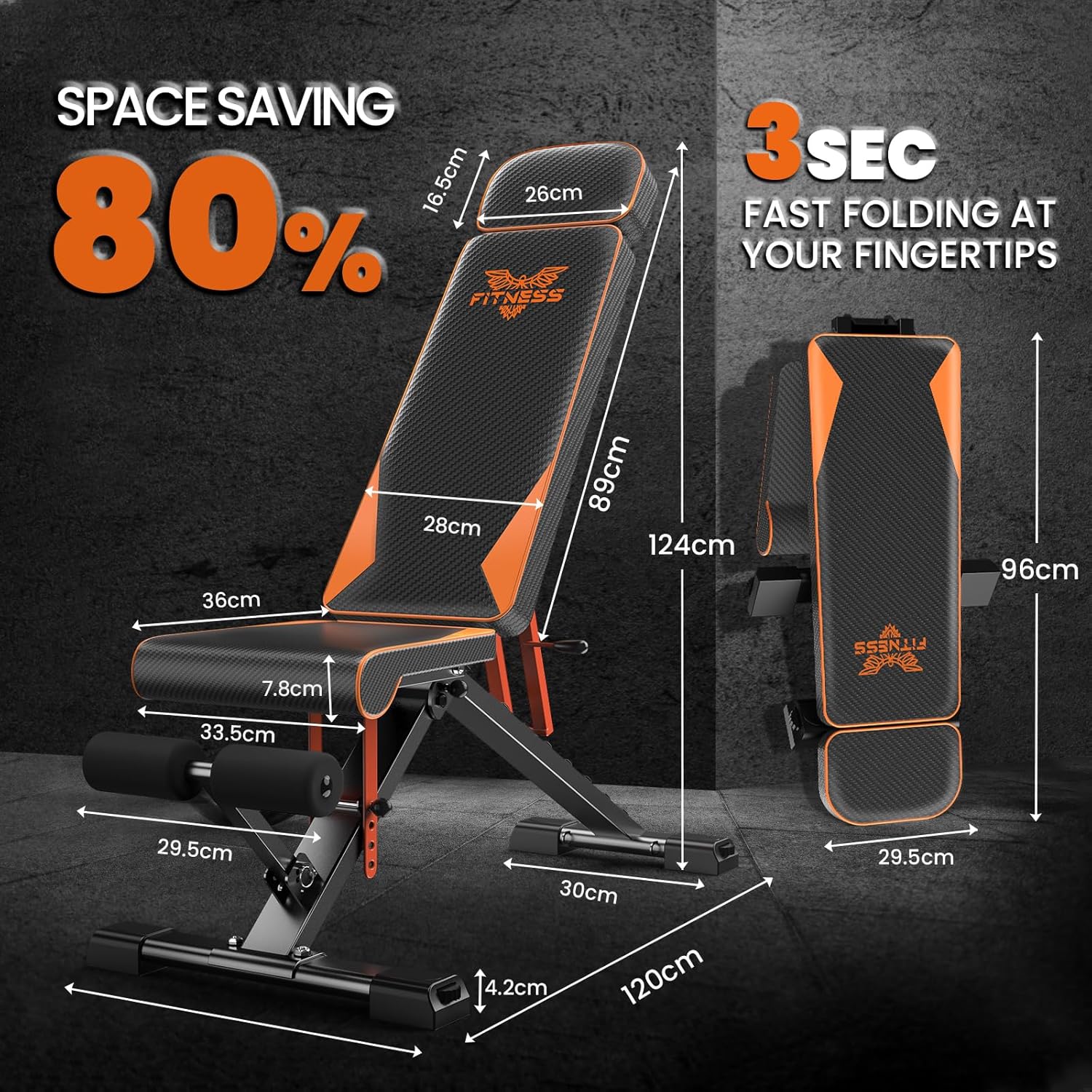 Banco de gimnasio ajustable que ahorra espacio con dimensiones y detalles de función de plegado sobre un fondo oscuro